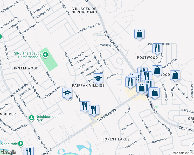 map of restaurants, bars, coffee shops, grocery stores, and more near 5002 Glendower Drive in Spring
