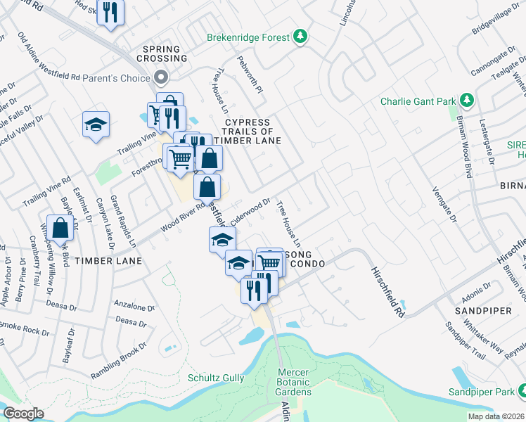 map of restaurants, bars, coffee shops, grocery stores, and more near 22907 Summer Pine Lane in Spring
