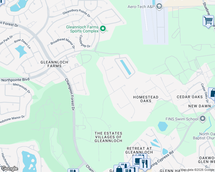 map of restaurants, bars, coffee shops, grocery stores, and more near 54 Compton Manor Drive in Spring