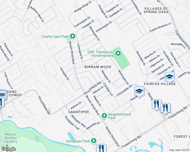 map of restaurants, bars, coffee shops, grocery stores, and more near 23419 Harpergate Drive in Spring