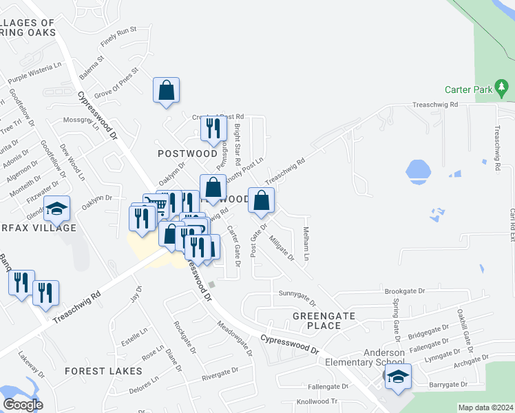 map of restaurants, bars, coffee shops, grocery stores, and more near 22923 Morning Story Drive in Spring