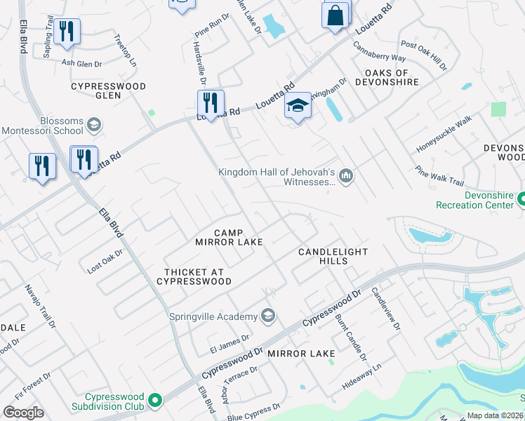map of restaurants, bars, coffee shops, grocery stores, and more near 19211 Candlebrook Circle in Spring
