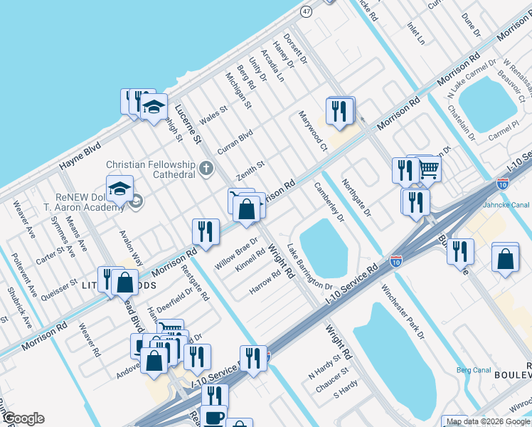 map of restaurants, bars, coffee shops, grocery stores, and more near 1110 Whiteside Road in New Orleans