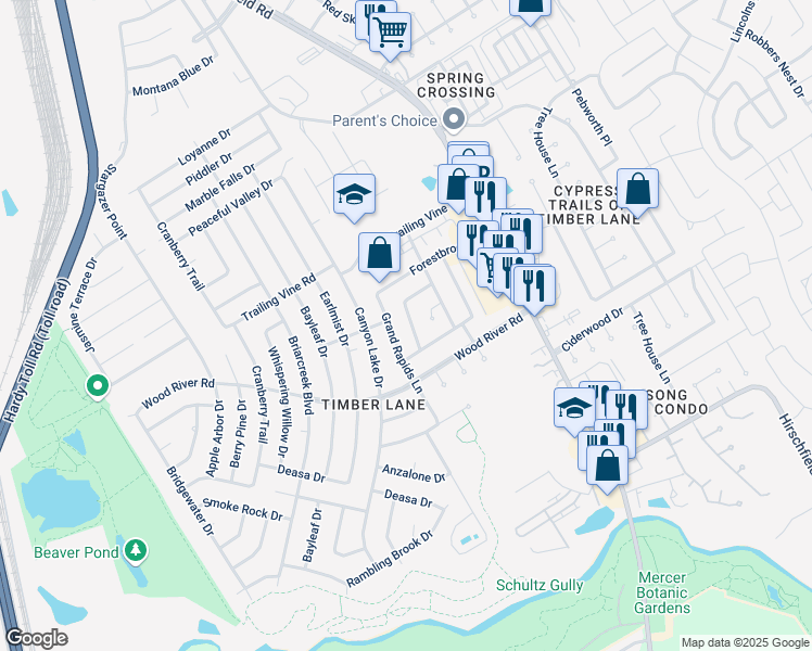 map of restaurants, bars, coffee shops, grocery stores, and more near 23207 Lone Wolf Trail in Spring