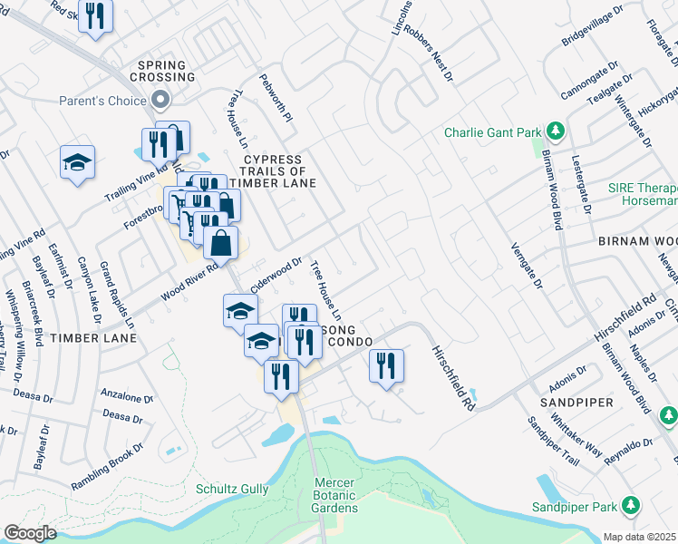 map of restaurants, bars, coffee shops, grocery stores, and more near Pine Mist Lane in Spring