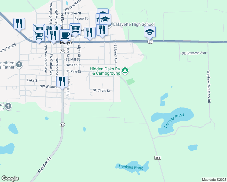map of restaurants, bars, coffee shops, grocery stores, and more near 101 Southeast Dees Court in Mayo