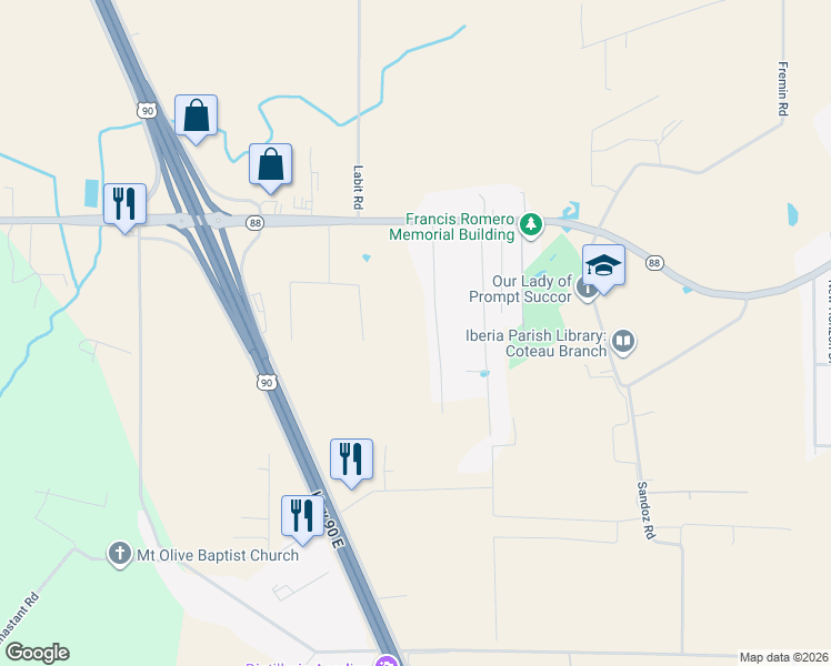 map of restaurants, bars, coffee shops, grocery stores, and more near 3001 Coteau Road in New Iberia