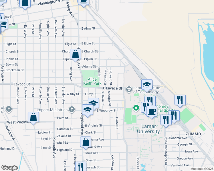 map of restaurants, bars, coffee shops, grocery stores, and more near 550 East Lavaca Street in Beaumont
