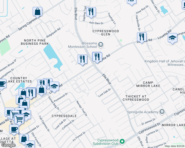 map of restaurants, bars, coffee shops, grocery stores, and more near 3622 Broken Elm Drive in Spring