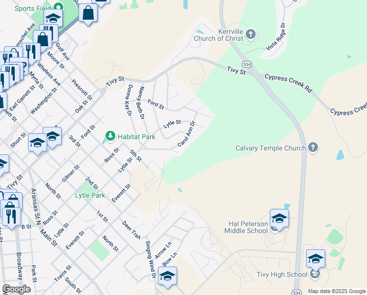 map of restaurants, bars, coffee shops, grocery stores, and more near 1310 Donna Kay Drive in Kerrville