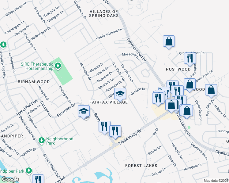 map of restaurants, bars, coffee shops, grocery stores, and more near 4927 Glendower Drive in Spring