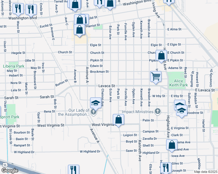 map of restaurants, bars, coffee shops, grocery stores, and more near 4110 Ector Avenue in Beaumont