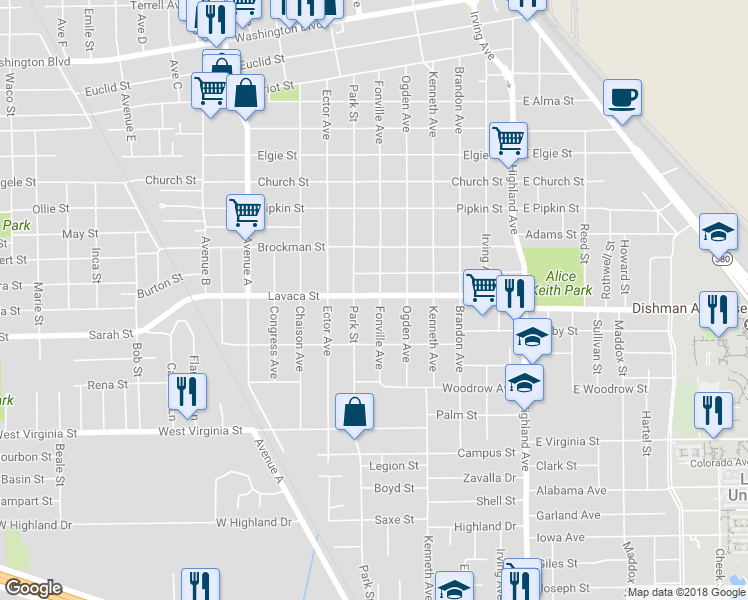 map of restaurants, bars, coffee shops, grocery stores, and more near 1095 Lavaca Street in Beaumont