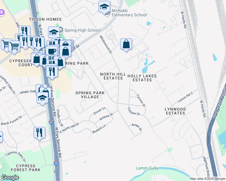 map of restaurants, bars, coffee shops, grocery stores, and more near 612 Twain Street in Spring