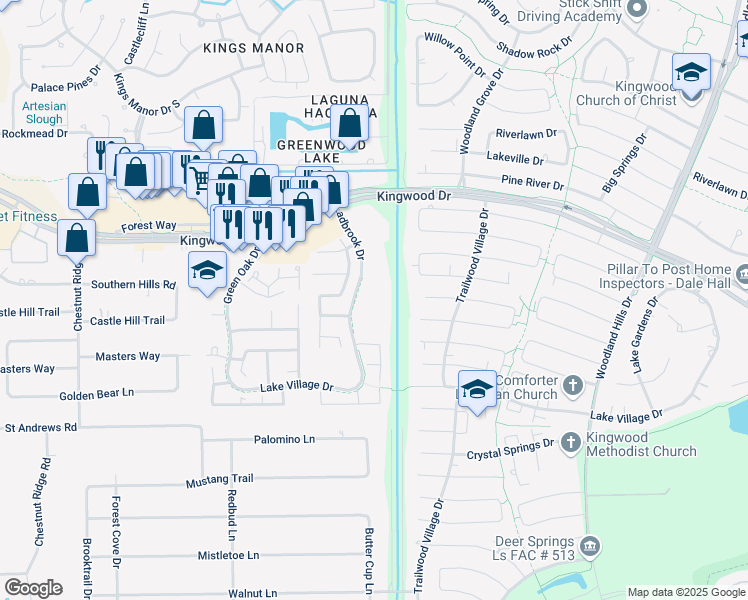 map of restaurants, bars, coffee shops, grocery stores, and more near 2000 Ladbrook Drive in Humble