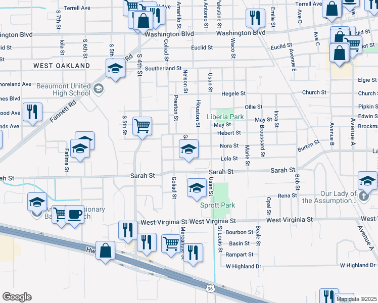 map of restaurants, bars, coffee shops, grocery stores, and more near 4025 Garden Street in Beaumont