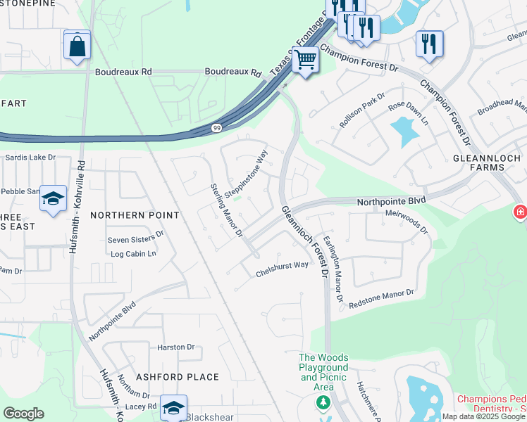map of restaurants, bars, coffee shops, grocery stores, and more near 10502 Flaxen Manor Court in Spring