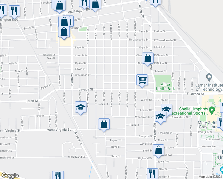map of restaurants, bars, coffee shops, grocery stores, and more near 4101 Fonville Avenue in Beaumont
