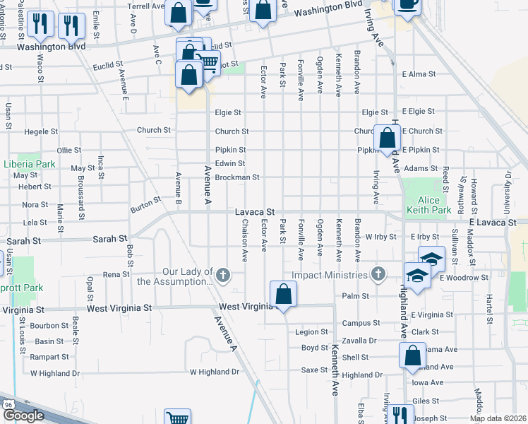 map of restaurants, bars, coffee shops, grocery stores, and more near 1198 Lavaca Street in Beaumont