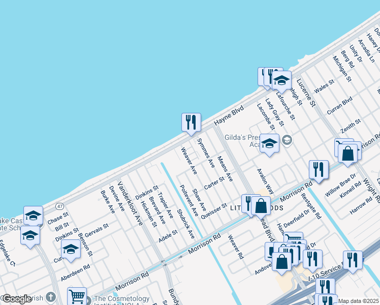 map of restaurants, bars, coffee shops, grocery stores, and more near 39582 Hayne Boulevard in New Orleans