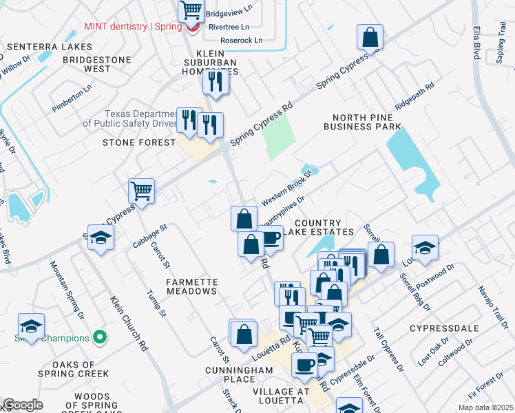 map of restaurants, bars, coffee shops, grocery stores, and more near 19627 Slate Hills Lane in Spring