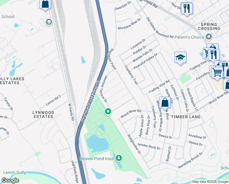 map of restaurants, bars, coffee shops, grocery stores, and more near 2043 Dalton Trace Court in Spring