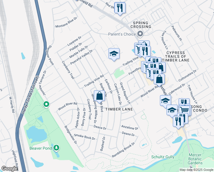 map of restaurants, bars, coffee shops, grocery stores, and more near 23319 Earlmist Drive in Spring