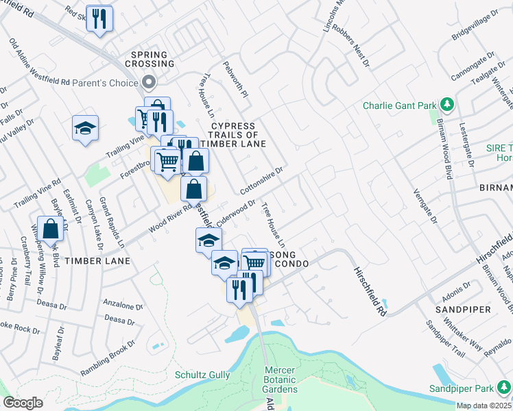 map of restaurants, bars, coffee shops, grocery stores, and more near 22919 Pine Mist Lane in Spring
