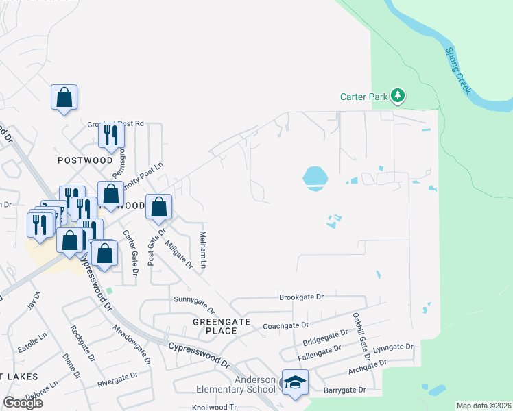 map of restaurants, bars, coffee shops, grocery stores, and more near 6530 Treaschwig Road in Spring