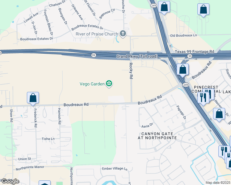 map of restaurants, bars, coffee shops, grocery stores, and more near 13804 Boudreaux Road in Tomball