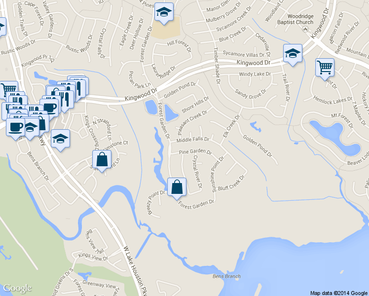 map of restaurants, bars, coffee shops, grocery stores, and more near 4815 Pine Garden Drive in Houston