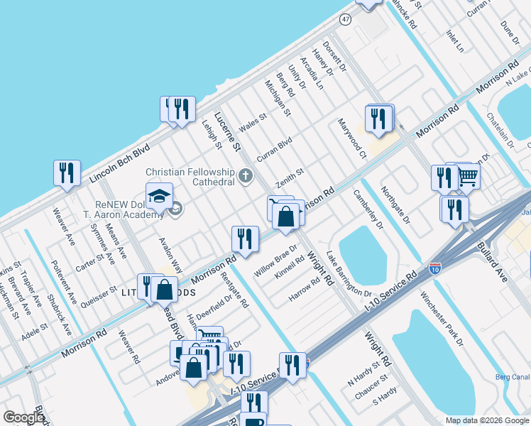 map of restaurants, bars, coffee shops, grocery stores, and more near 7569 Lehigh Street in New Orleans