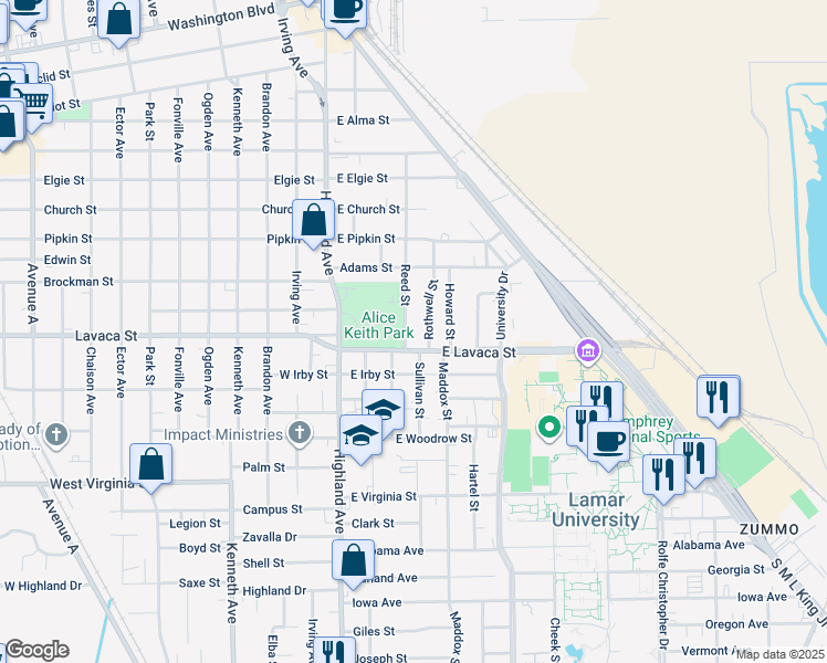 map of restaurants, bars, coffee shops, grocery stores, and more near 4015 Reed Street in Beaumont