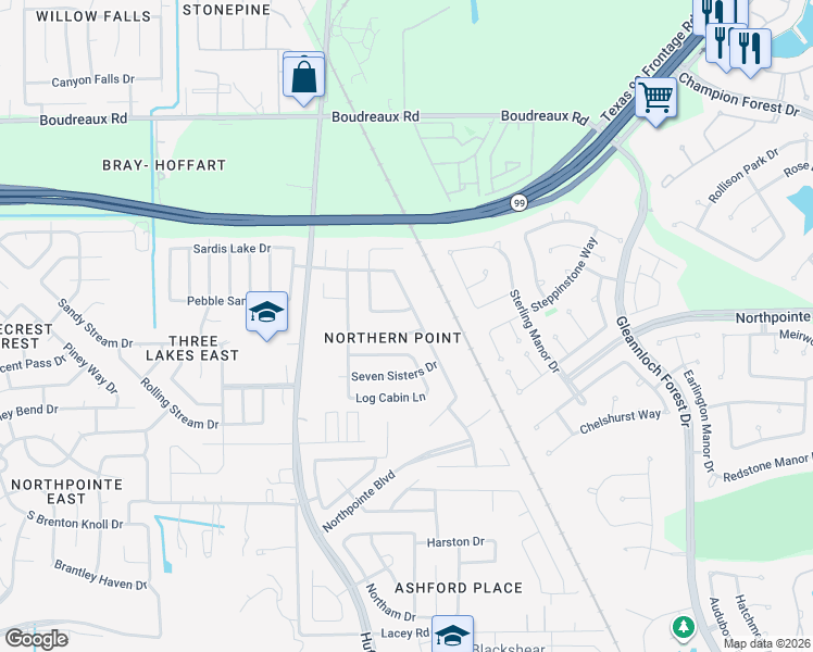 map of restaurants, bars, coffee shops, grocery stores, and more near 11314 Sugar Bowl Drive in Tomball