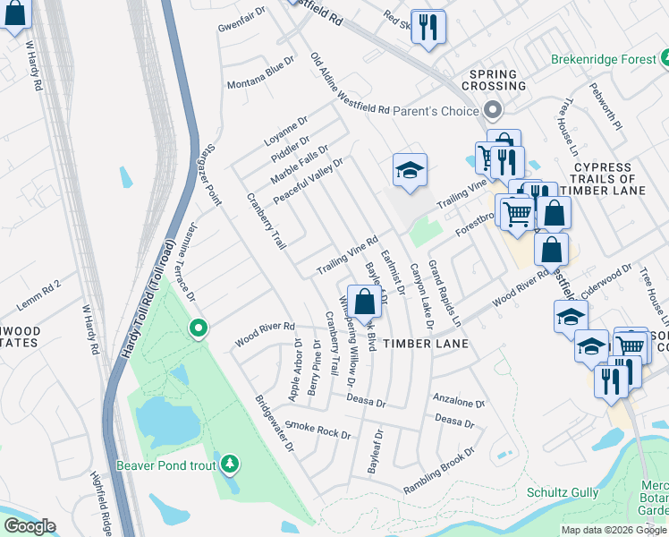 map of restaurants, bars, coffee shops, grocery stores, and more near 2334 Trailing Vine Road in Spring