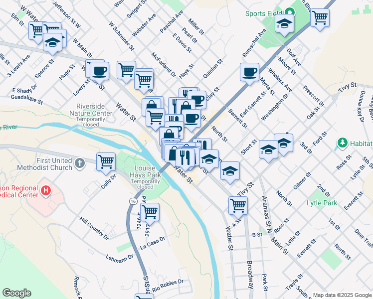 map of restaurants, bars, coffee shops, grocery stores, and more near in Kerrville