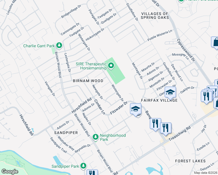map of restaurants, bars, coffee shops, grocery stores, and more near 4523 Tylergate Drive in Spring