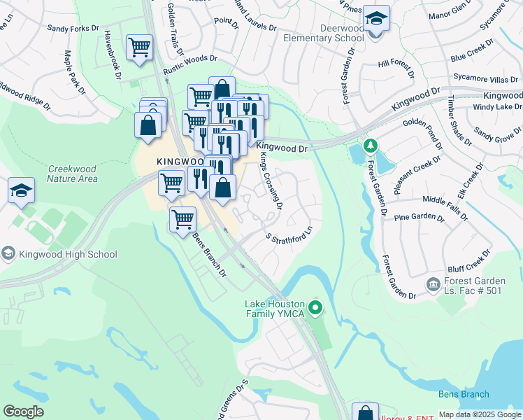 map of restaurants, bars, coffee shops, grocery stores, and more near 2807 Kings Crossing Drive in Houston
