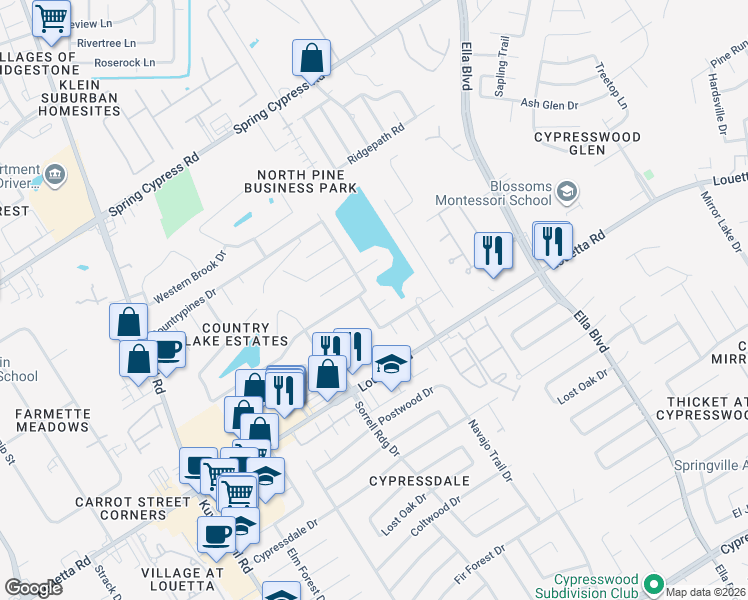 map of restaurants, bars, coffee shops, grocery stores, and more near 19406 Lakeside View Drive in Spring