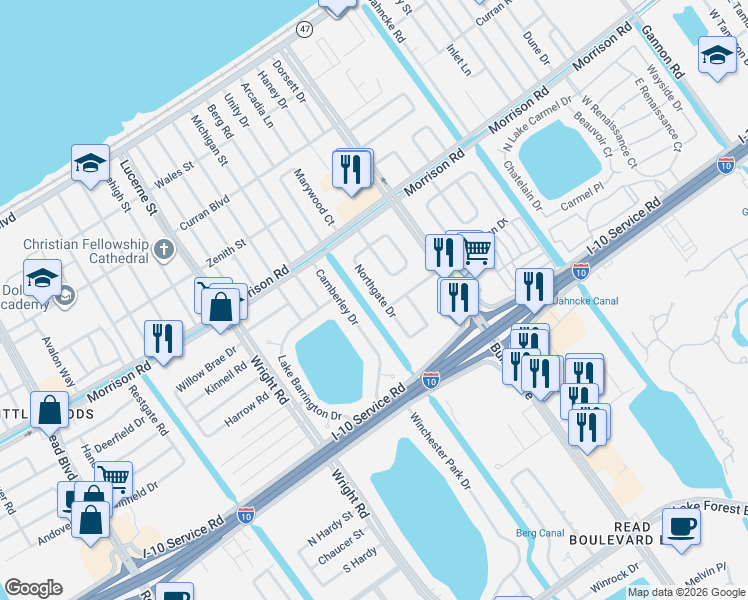 map of restaurants, bars, coffee shops, grocery stores, and more near 7314 Beaconfield Drive in New Orleans