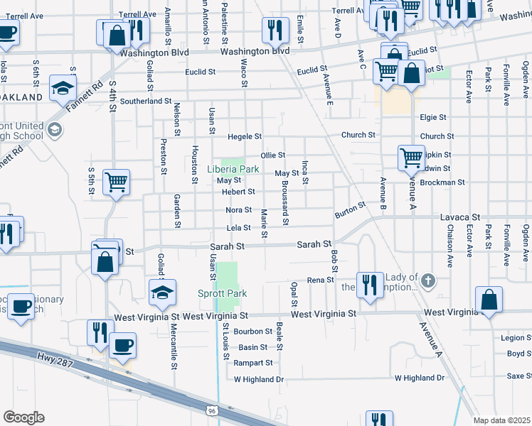map of restaurants, bars, coffee shops, grocery stores, and more near 2040 Nora Street in Beaumont