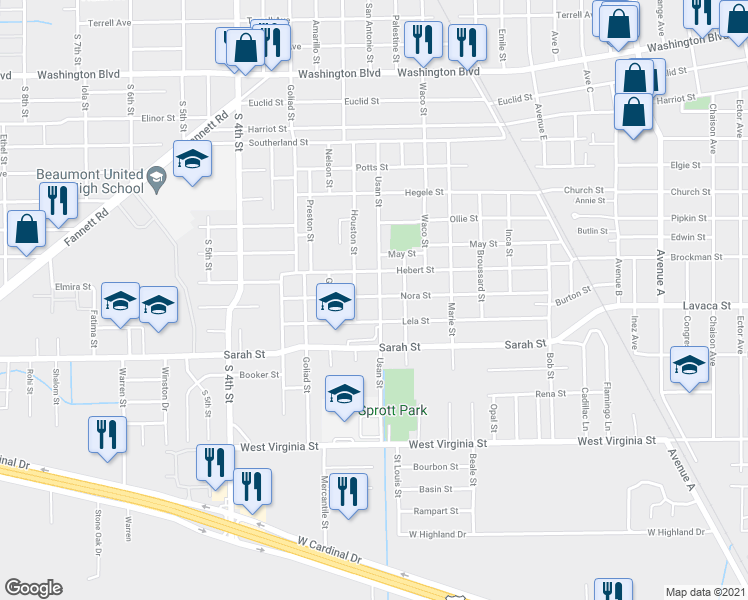 map of restaurants, bars, coffee shops, grocery stores, and more near 4010 Usan Street in Beaumont