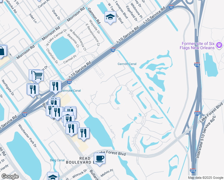 map of restaurants, bars, coffee shops, grocery stores, and more near 6060 Eastover Drive in New Orleans