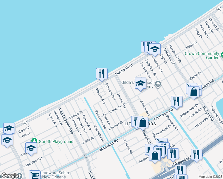 map of restaurants, bars, coffee shops, grocery stores, and more near 7861 Symmes Avenue in New Orleans