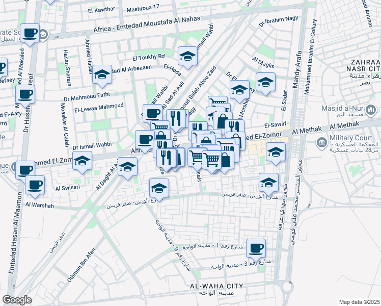 map of restaurants, bars, coffee shops, grocery stores, and more near Ahmed El-Zomor in Nasr City
