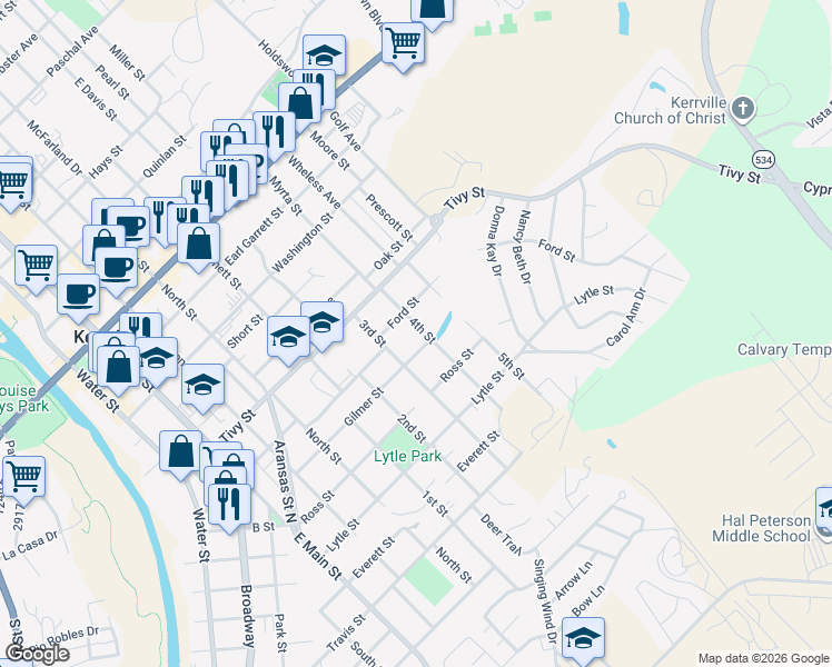 map of restaurants, bars, coffee shops, grocery stores, and more near 1107 4th Street in Kerrville