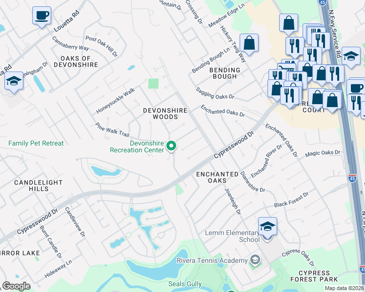 map of restaurants, bars, coffee shops, grocery stores, and more near 523 Pine Walk Trail in Spring