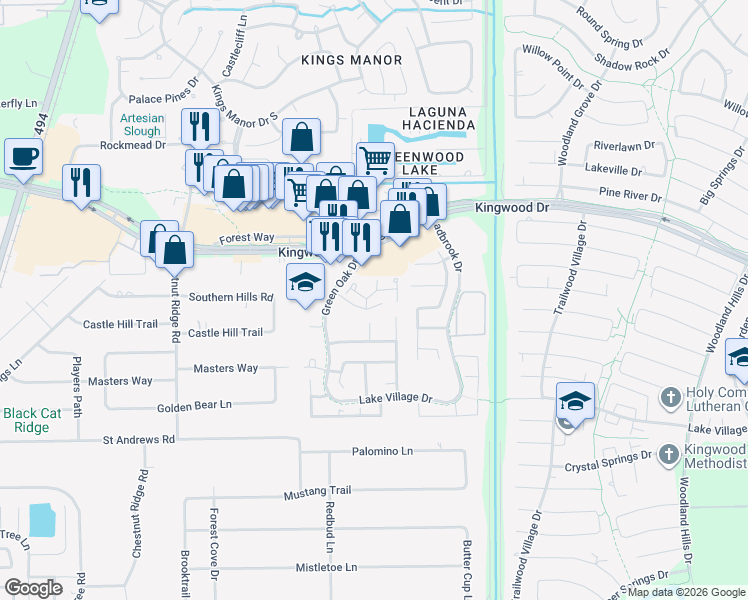 map of restaurants, bars, coffee shops, grocery stores, and more near 1610 Pinnacle Drive in Houston