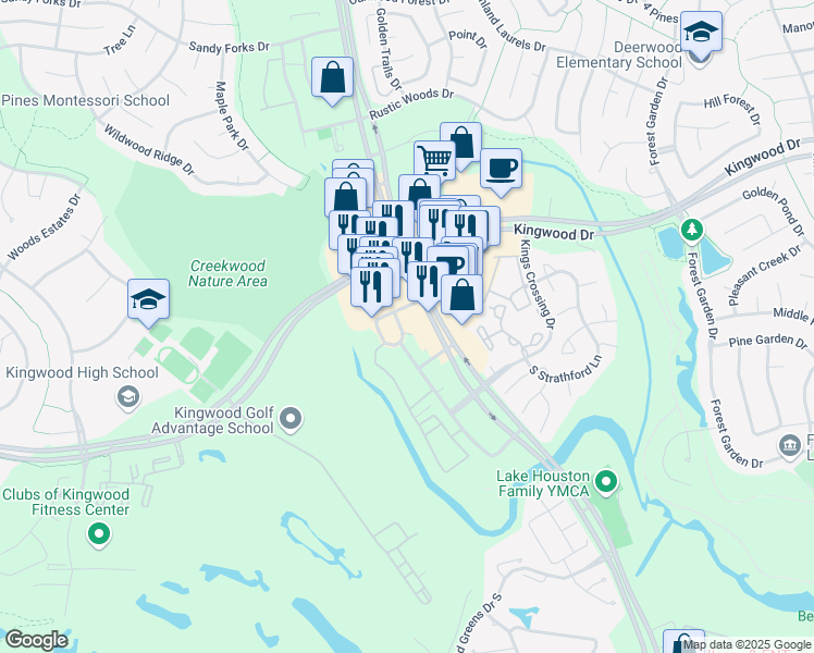 map of restaurants, bars, coffee shops, grocery stores, and more near 2855 West Lake Houston Parkway in Humble