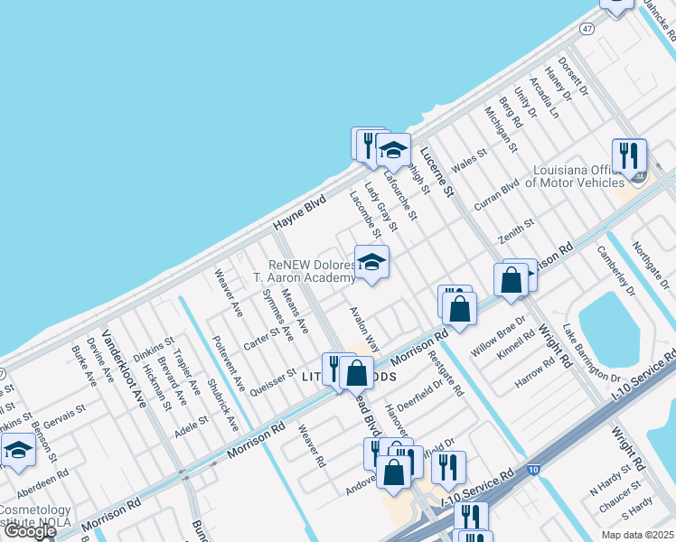 map of restaurants, bars, coffee shops, grocery stores, and more near 10151 Curran Boulevard in New Orleans